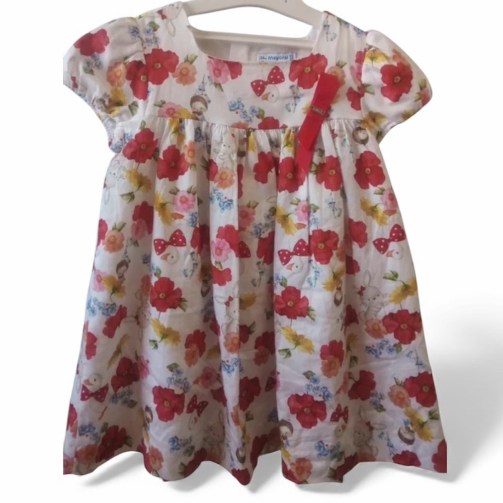 Mayoral baby girl Floral Bunny+Duck  Print Dress with Red Bow 100%cotton 6 mos